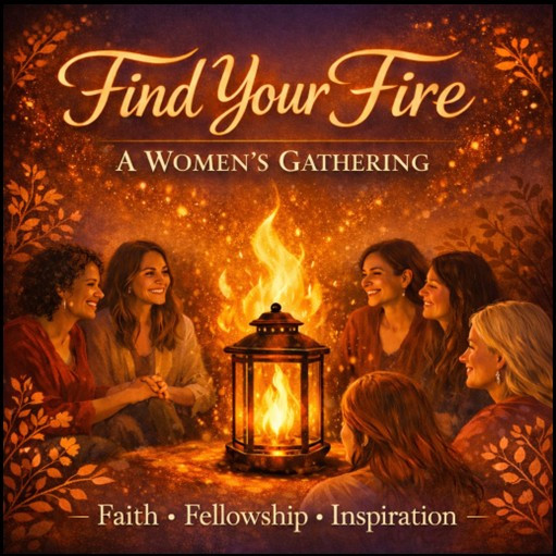 Find Your Fire Women's Gathering – three women sitting together outdoors in a natural setting, smiling. Event held at Calvary Church, Logansport IN.